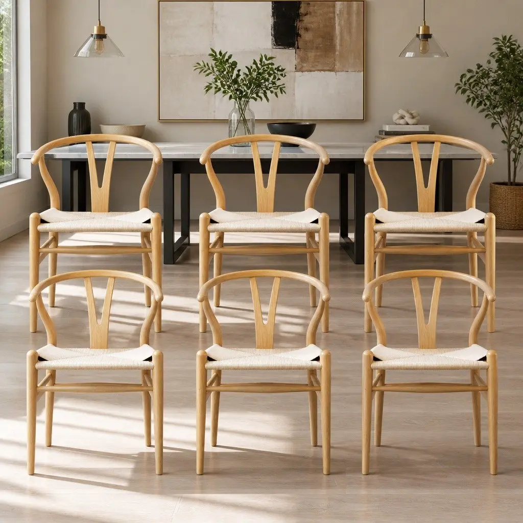 Dining Chairs Set of 6 Wishbone Backrest Natural Oak Rubber Wood Frame Paper Rope Seat