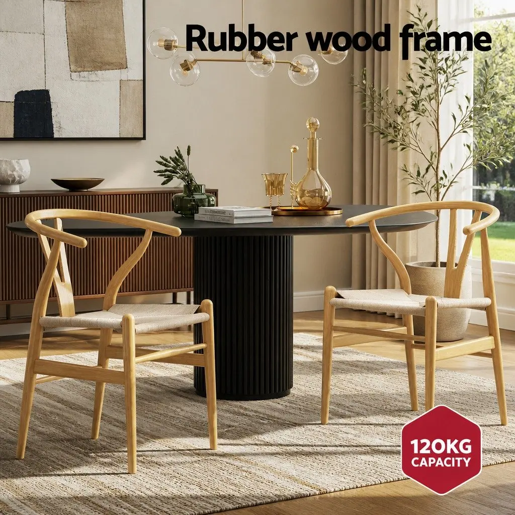 Dining Chairs Set of 6 Wishbone Backrest Natural Oak Rubber Wood Frame Paper Rope Seat