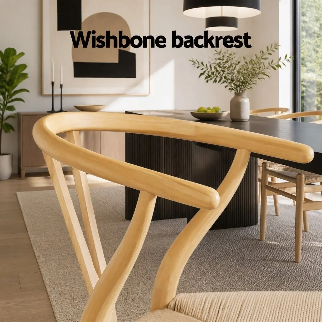 Dining Chairs Set of 6 Wishbone Backrest Natural Oak Rubber Wood Frame Paper Rope Seat
