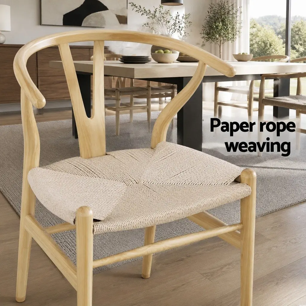 Dining Chairs Set of 6 Wishbone Backrest Natural Oak Rubber Wood Frame Paper Rope Seat