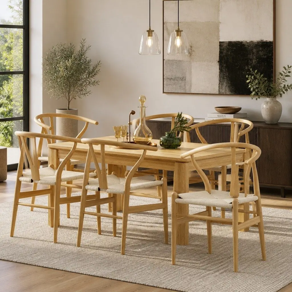 Dining Chairs Set of 6 Wishbone Backrest Natural Oak Rubber Wood Frame Paper Rope Seat