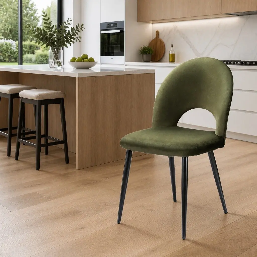 Velvet Green Padded Dining Chairs Set of 2 Plywood Frame Kitchen Furniture