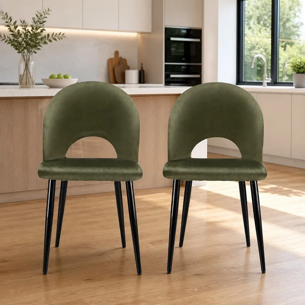 Velvet Green Padded Dining Chairs Set of 2 Plywood Frame Kitchen Furniture