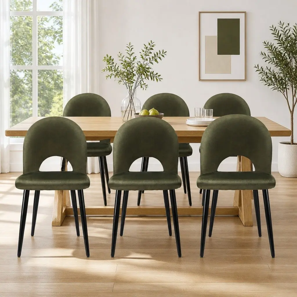 Dining Chairs Green Velvet Padded Seat 6 Piece Plywood Frame Metal Legs