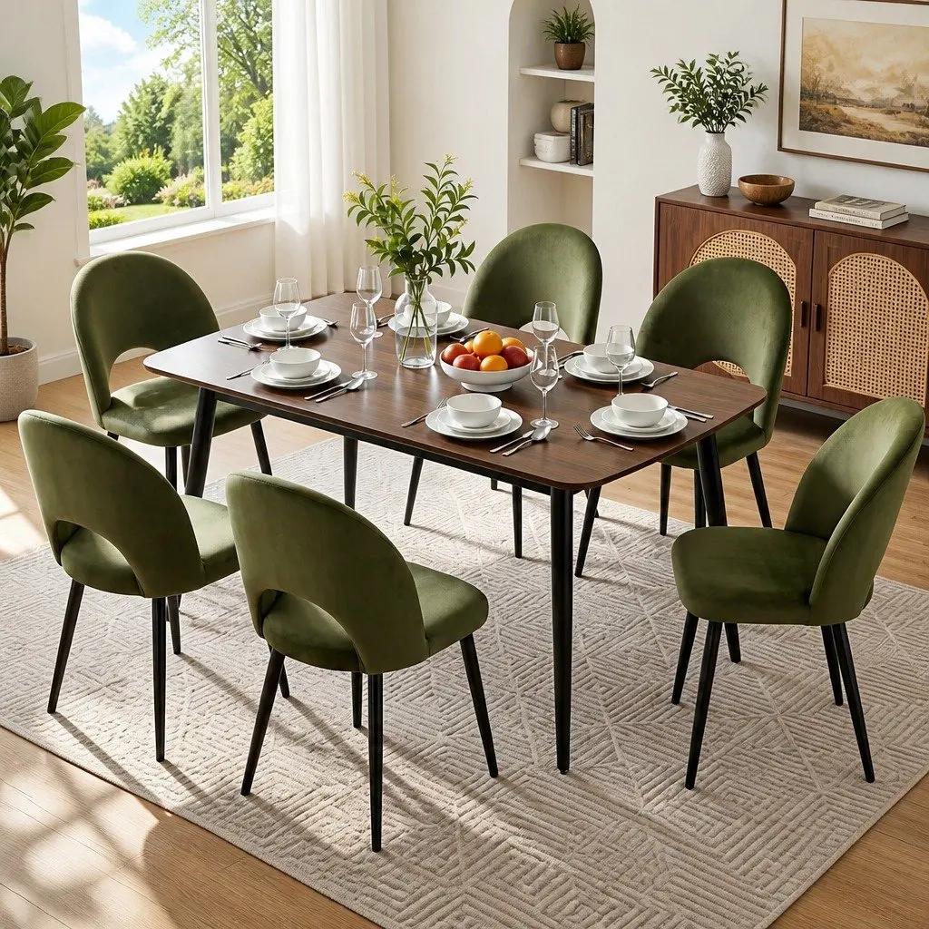Dining Chairs Green Velvet Padded Seat 6 Piece Plywood Frame Metal Legs