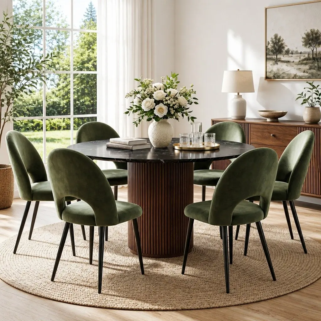 Dining Chairs Green Velvet Padded Seat 6 Piece Plywood Frame Metal Legs