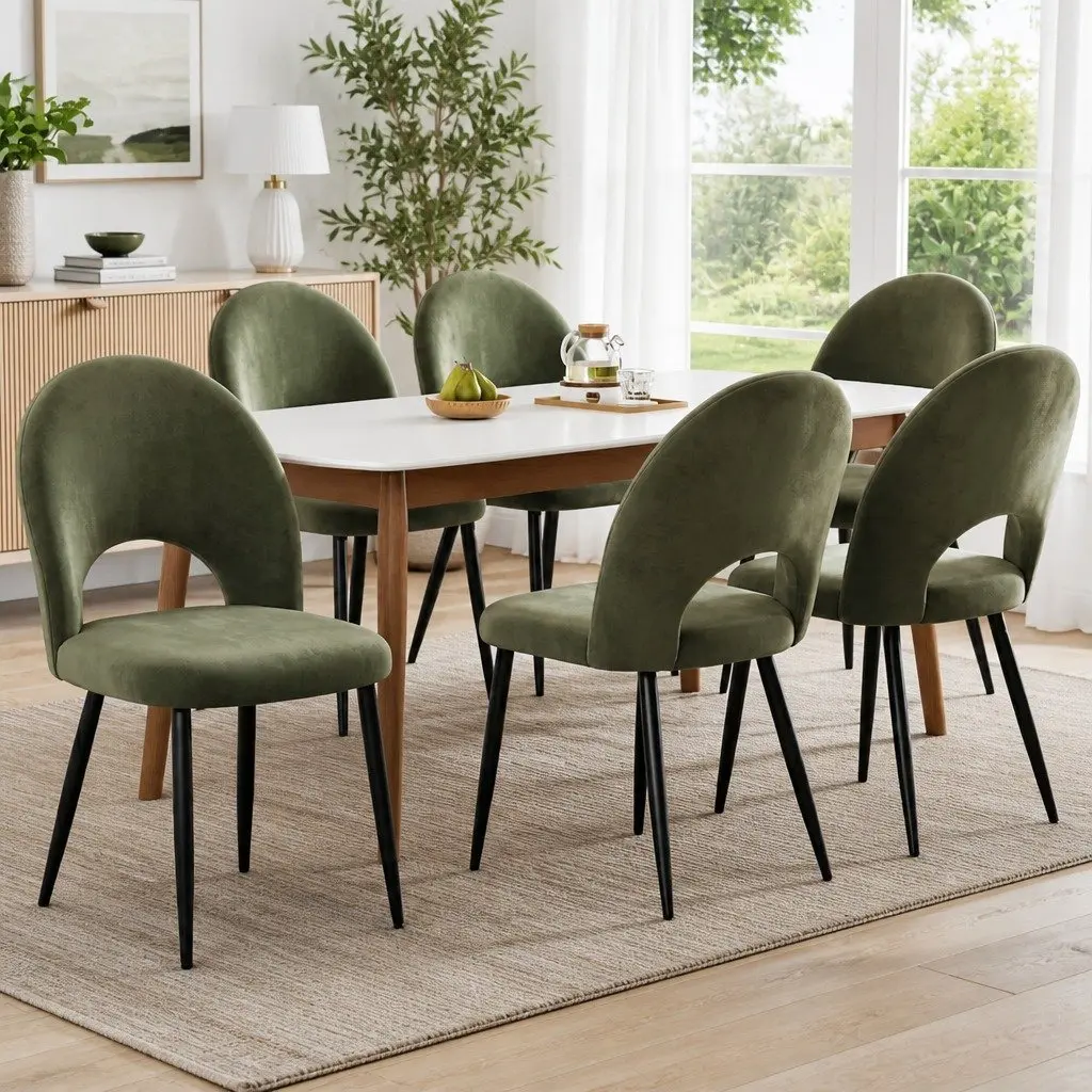 Dining Chairs Green Velvet Padded Seat 6 Piece Plywood Frame Metal Legs