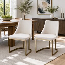Set of 2 Beige Linen Fabric Dining Chairs