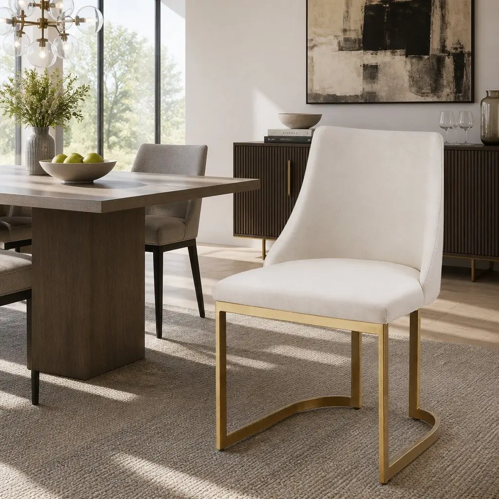 Set of 2 Beige Linen Fabric Dining Chairs
