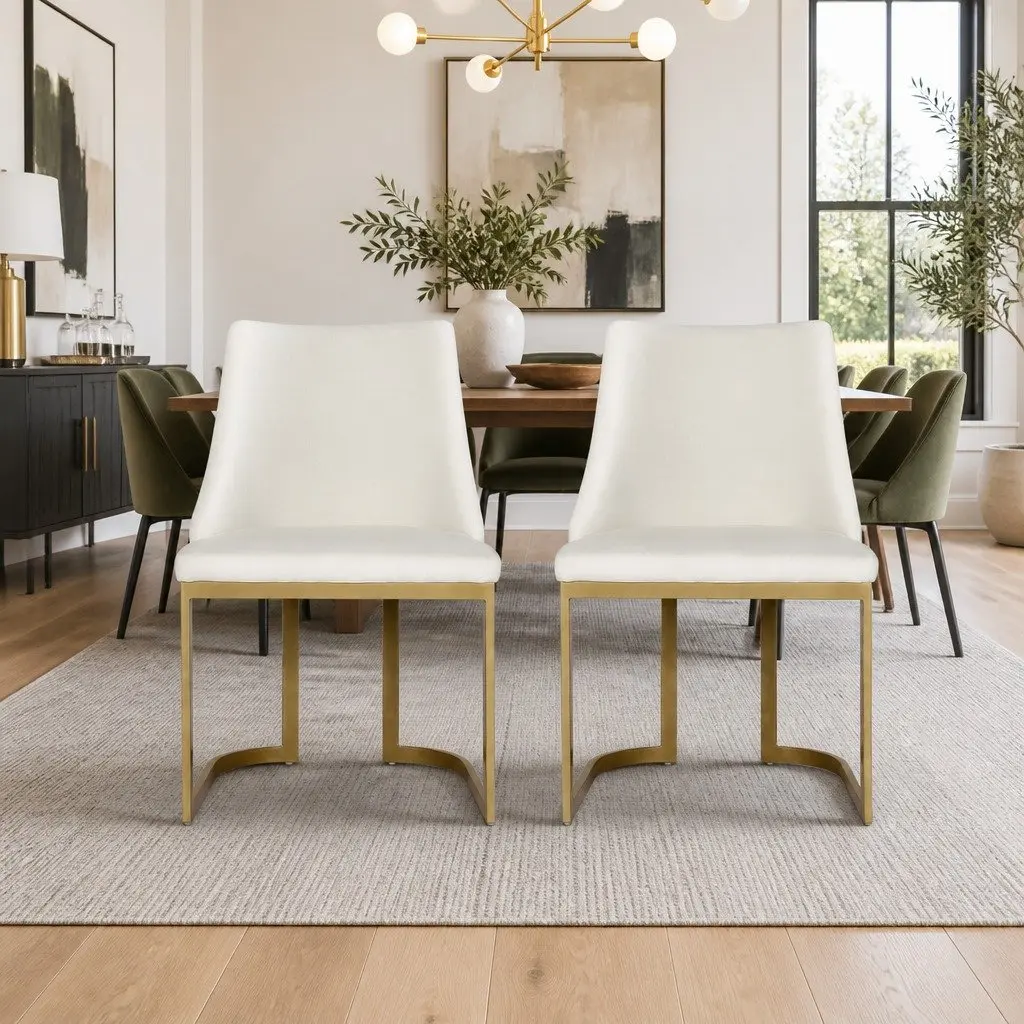 Set of 2 Beige Linen Fabric Dining Chairs