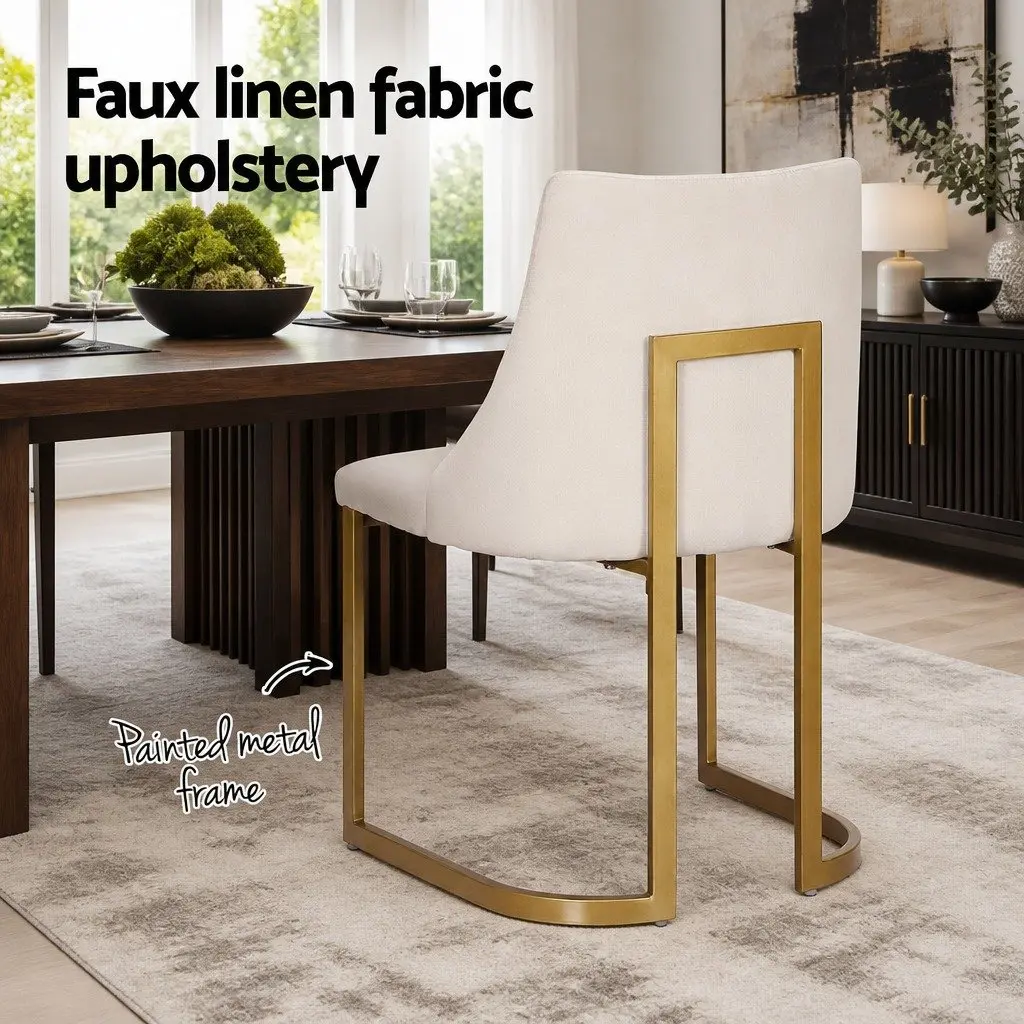 Set of 2 Beige Linen Fabric Dining Chairs