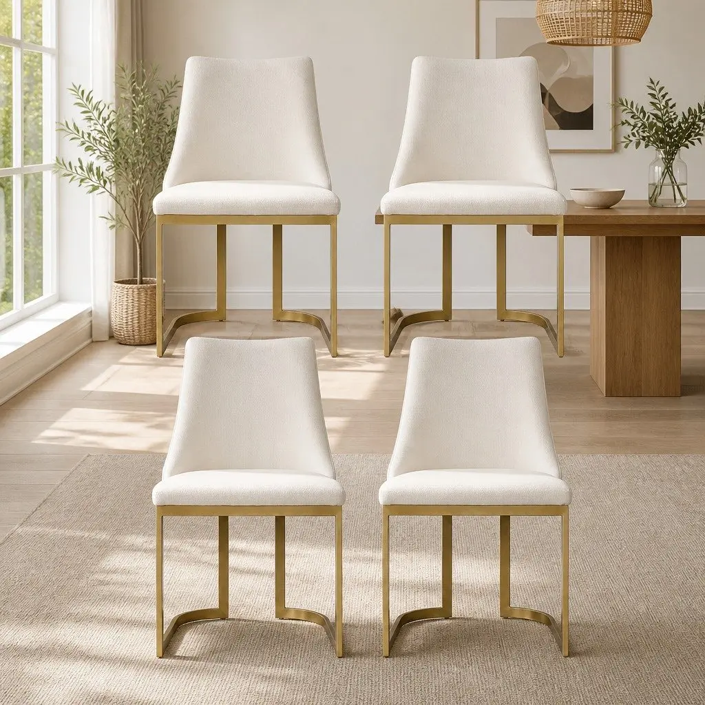 Dining Chairs Linen Fabric Padded Seat Beige 4 Piece Plywood Frame Metal Legs
