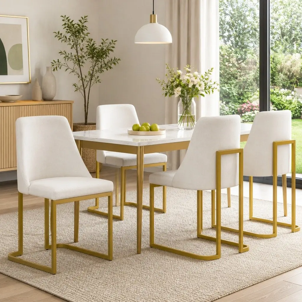 Dining Chairs Linen Fabric Padded Seat Beige 4 Piece Plywood Frame Metal Legs