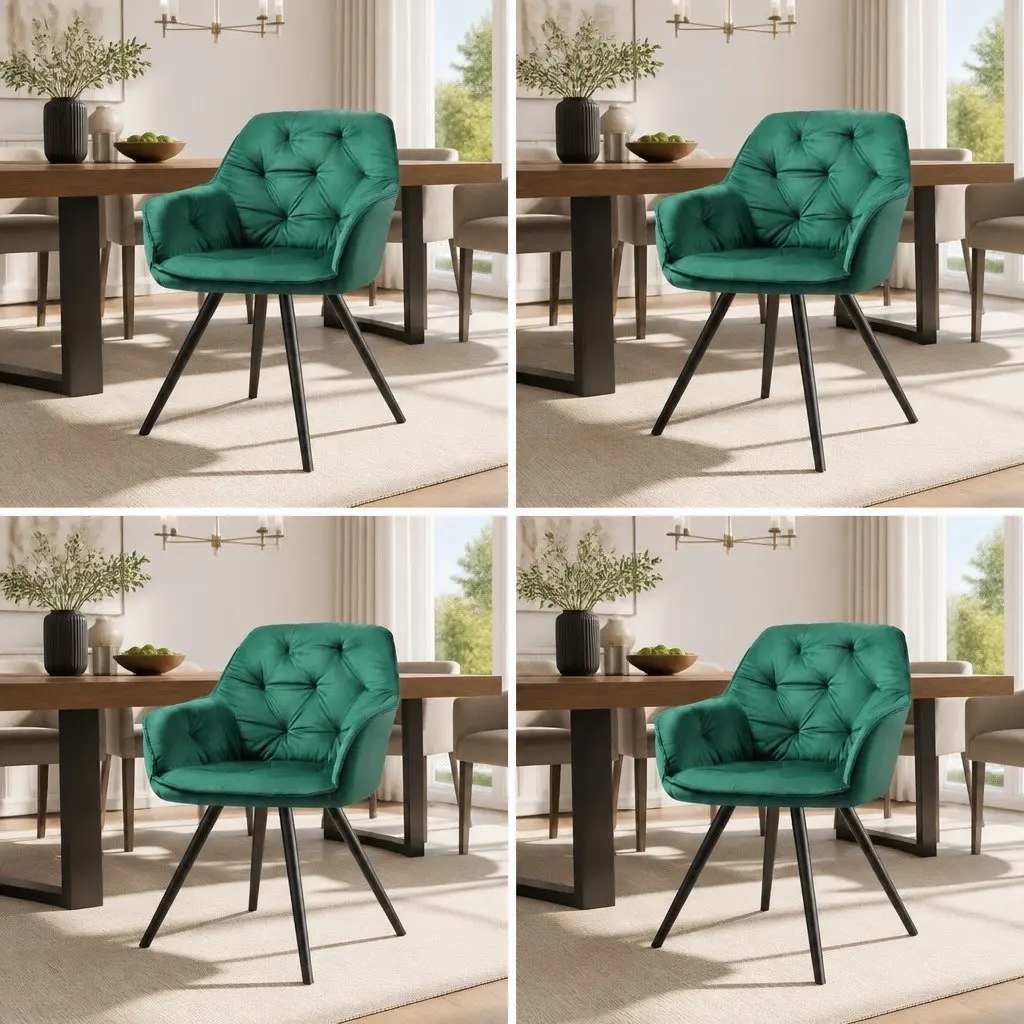Set of 4 Green Velvet Dining Chairs with Armrests