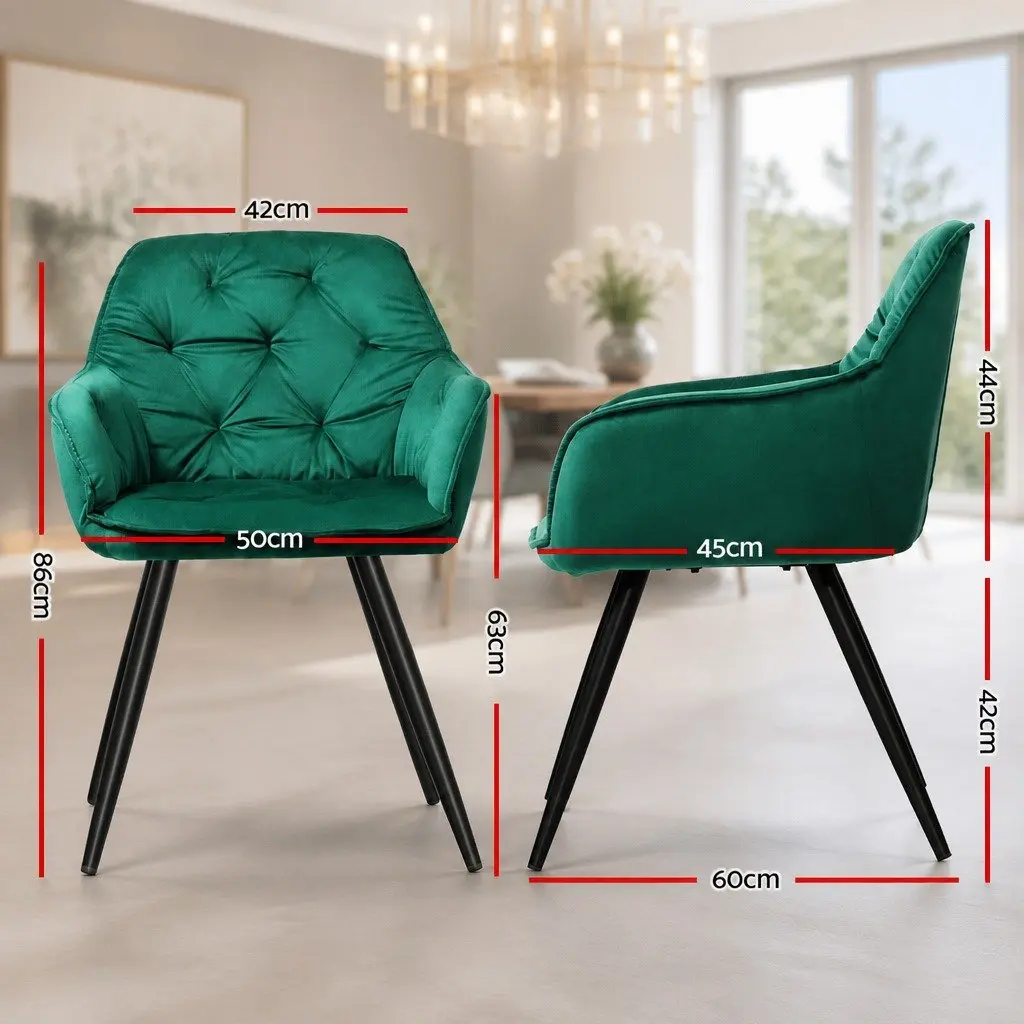 Set of 4 Green Velvet Dining Chairs with Armrests