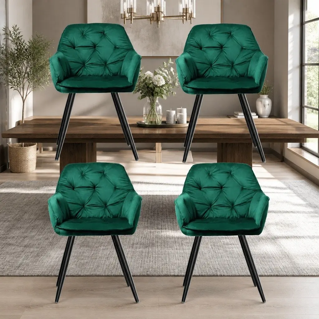 Set of 4 Green Velvet Dining Chairs with Armrests