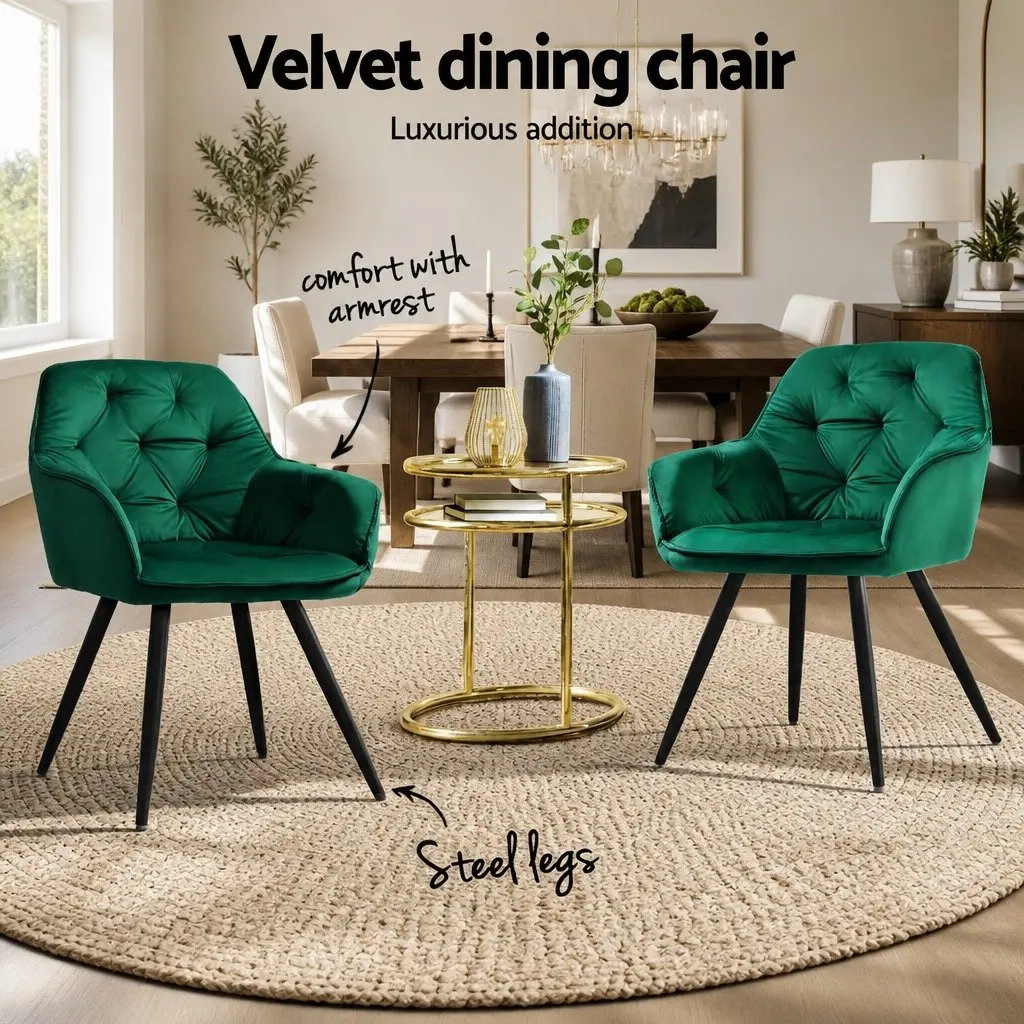 Set of 4 Green Velvet Dining Chairs with Armrests