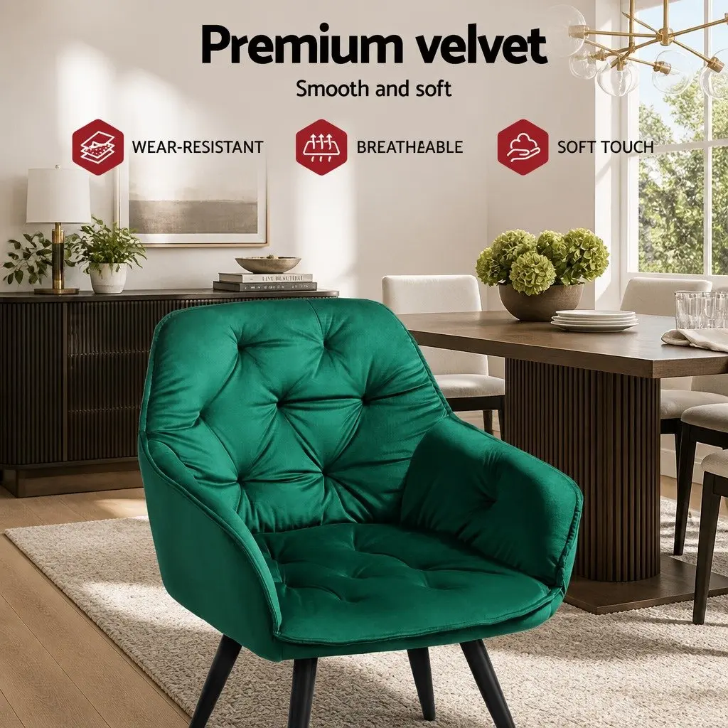 Set of 4 Green Velvet Dining Chairs with Armrests
