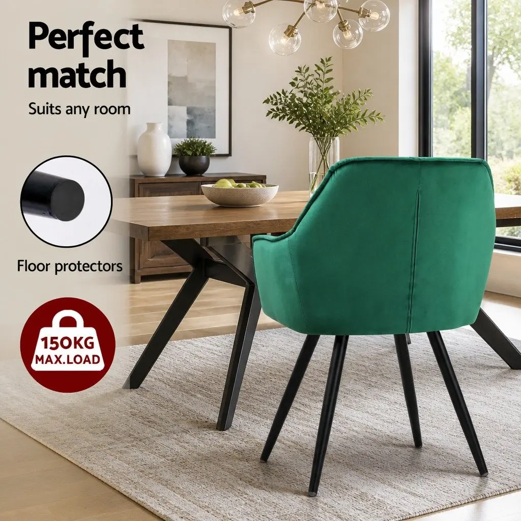 Set of 4 Green Velvet Dining Chairs with Armrests