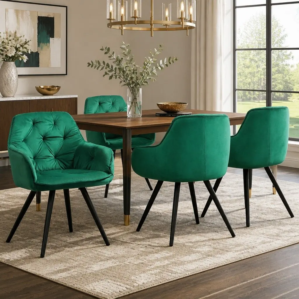 Set of 4 Green Velvet Dining Chairs with Armrests