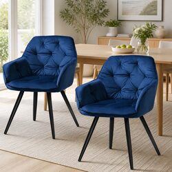 Navy Blue Velvet Dining Chairs Set of 2 with Armrests