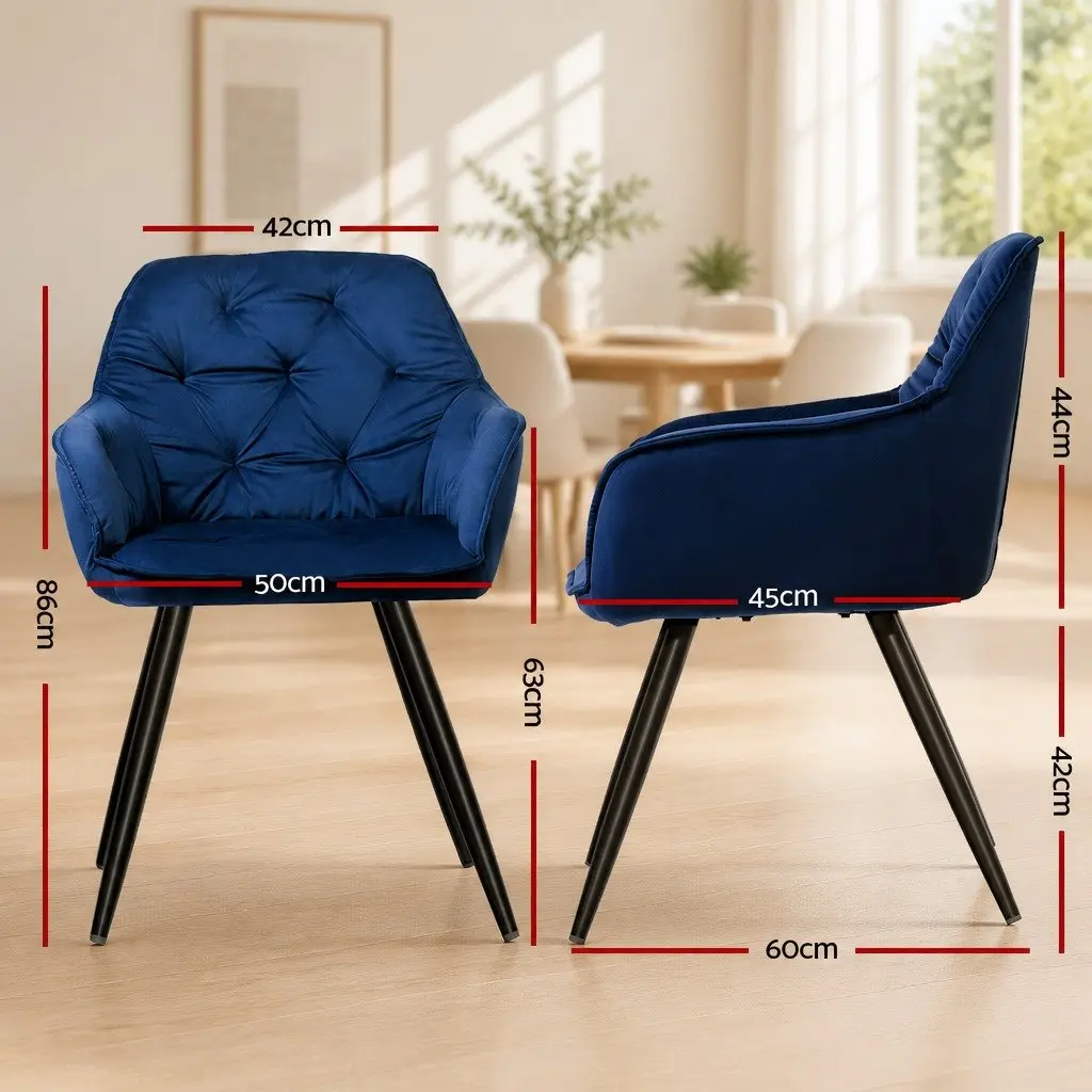Navy Blue Velvet Dining Chairs Set of 2 with Armrests