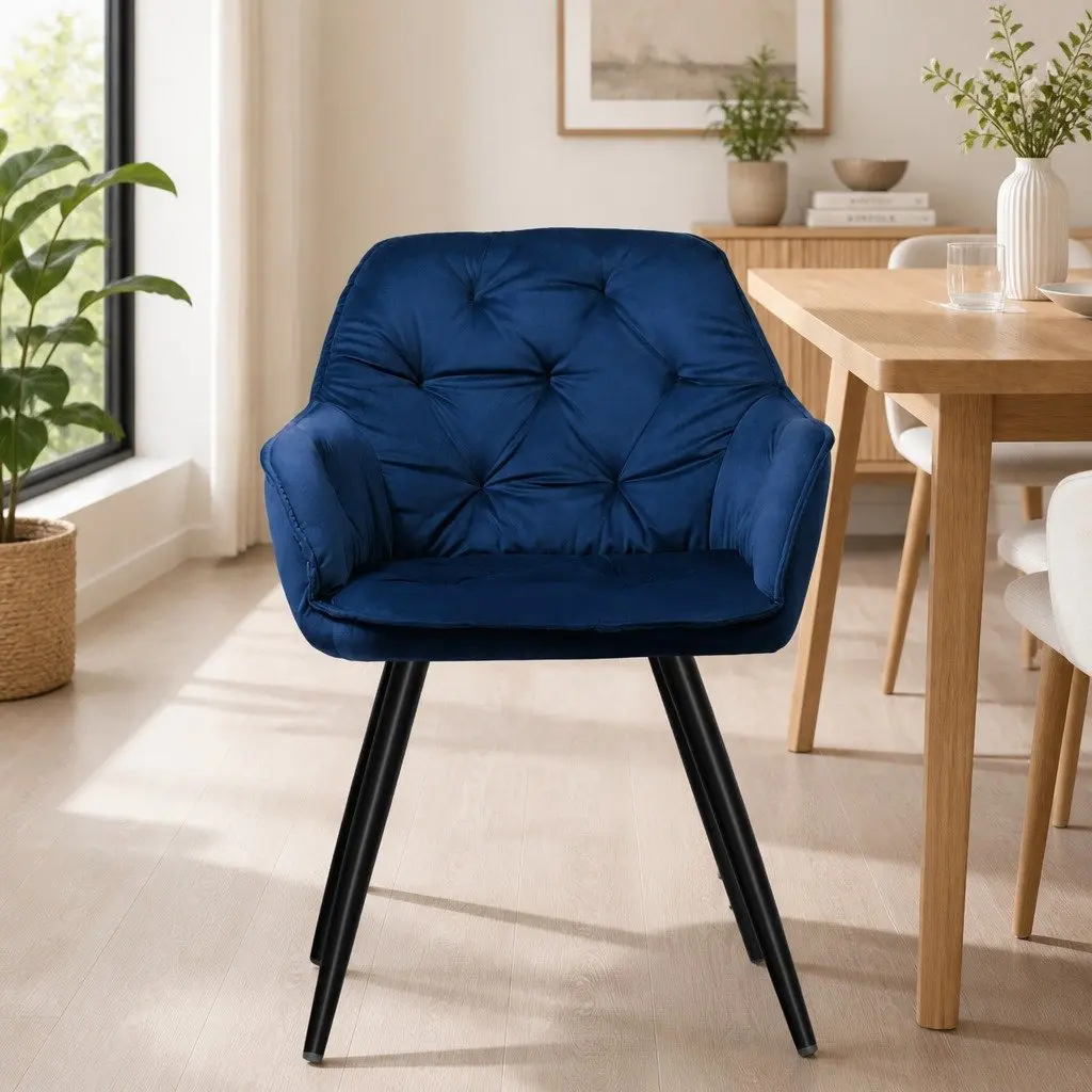 Navy Blue Velvet Dining Chairs Set of 2 with Armrests