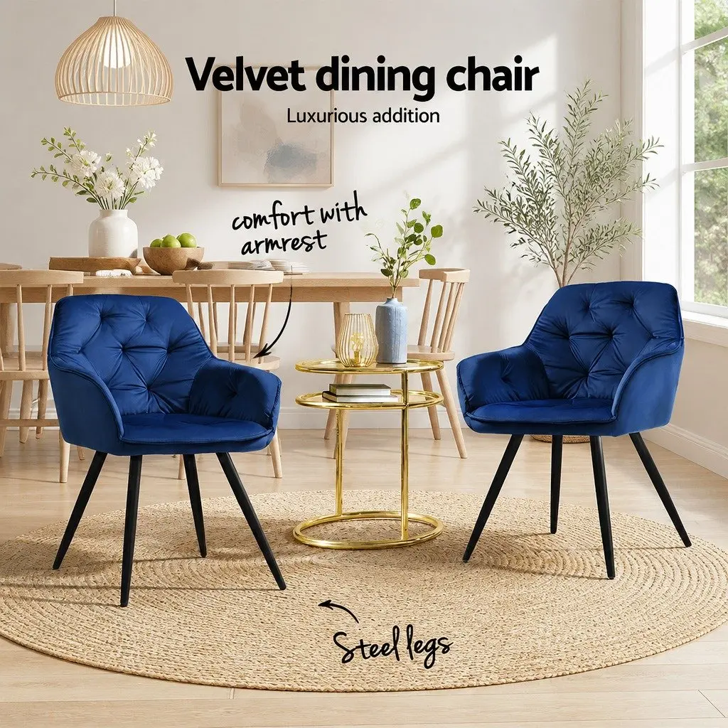 Navy Blue Velvet Dining Chairs Set of 2 with Armrests