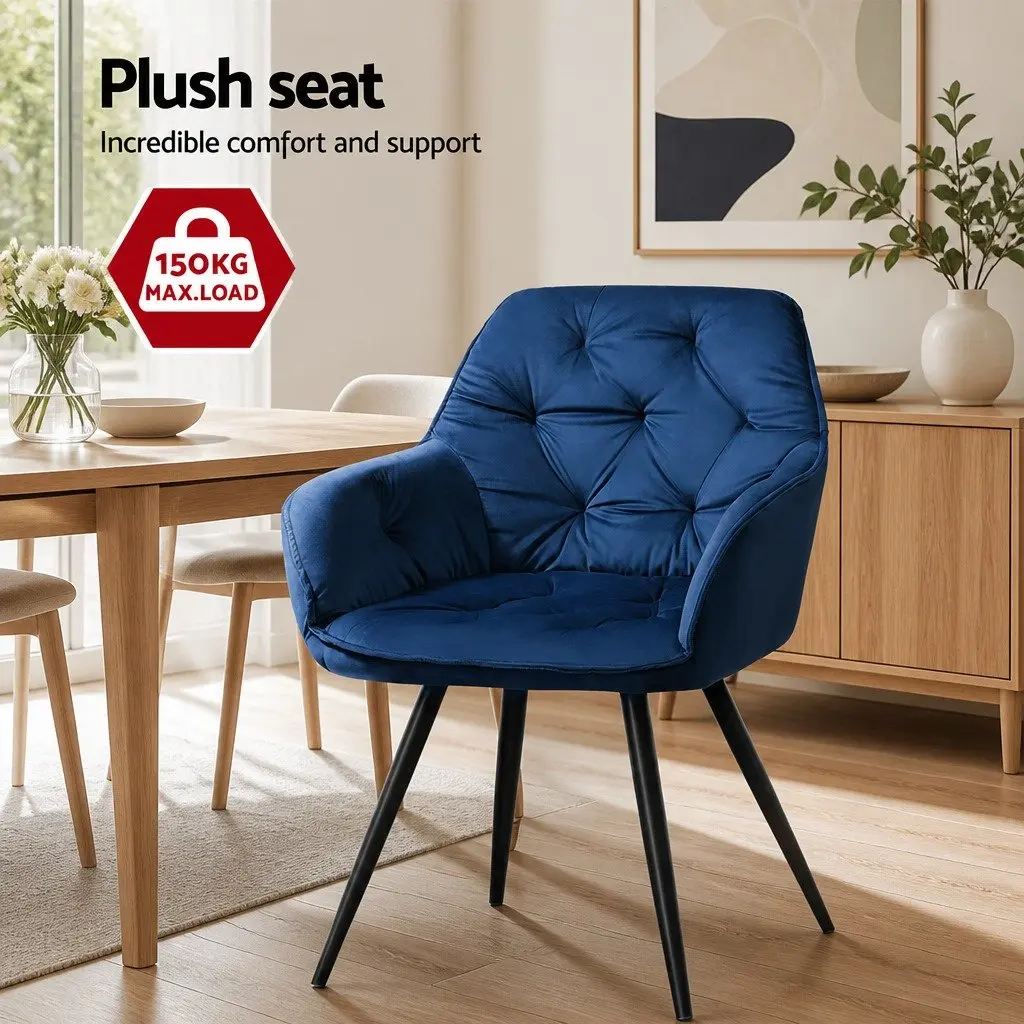 Navy Blue Velvet Dining Chairs Set of 2 with Armrests