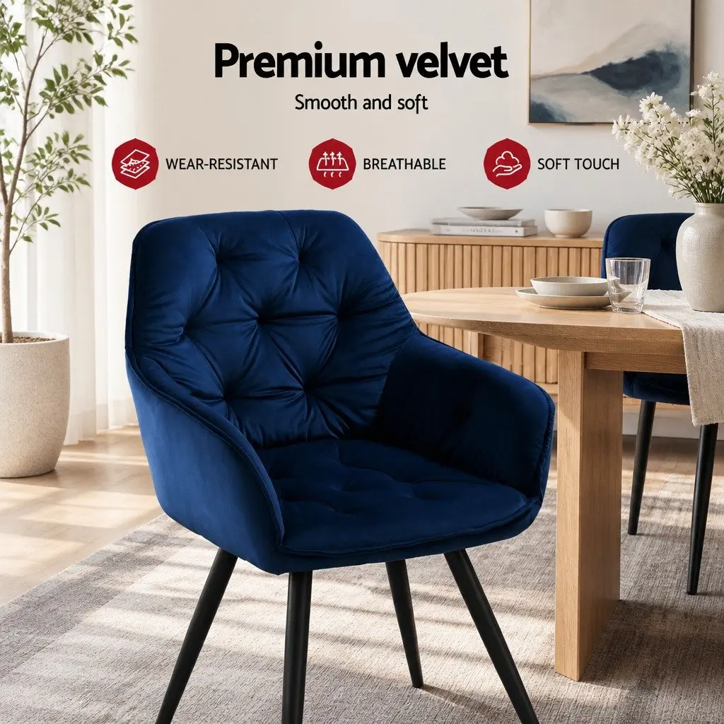 Navy Blue Velvet Dining Chairs Set of 2 with Armrests