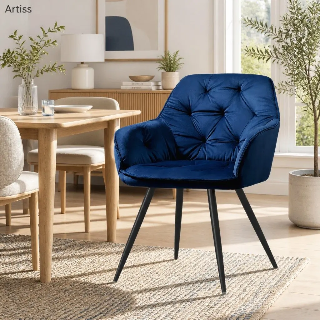 Navy Blue Velvet Dining Chairs Set of 2 with Armrests