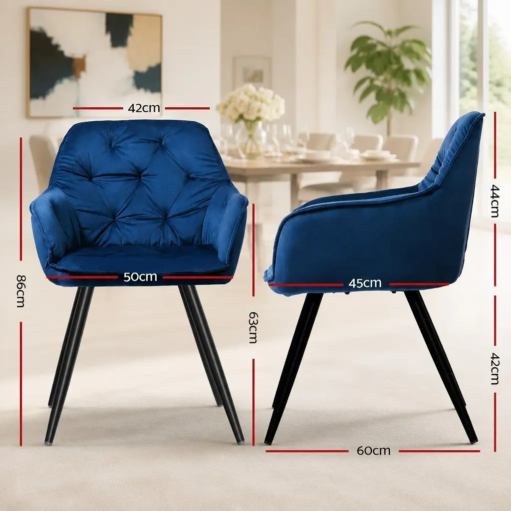 Dining Chairs Velvet Armchair Navy Blue Tufted 60cm W x 50cm D x 86cm H Soft Velvet Steel Legs