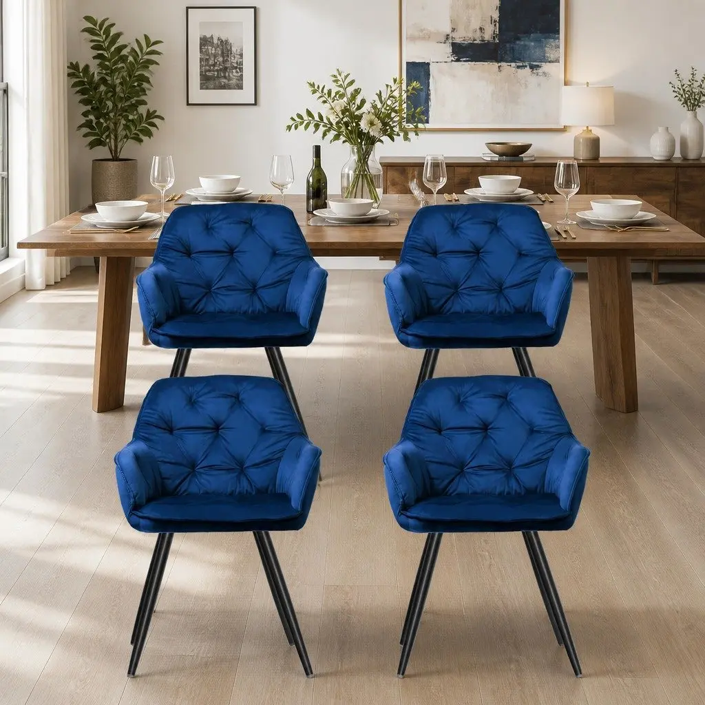 Dining Chairs Velvet Armchair Navy Blue Tufted 60cm W x 50cm D x 86cm H Soft Velvet Steel Legs