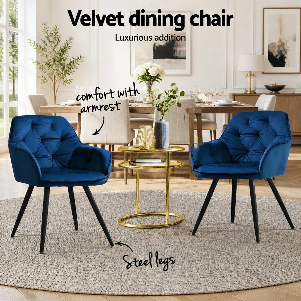 Dining Chairs Velvet Armchair Navy Blue Tufted 60cm W x 50cm D x 86cm H Soft Velvet Steel Legs