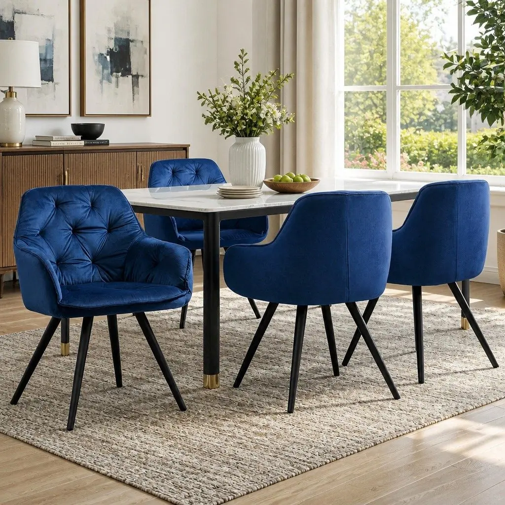 Dining Chairs Velvet Armchair Navy Blue Tufted 60cm W x 50cm D x 86cm H Soft Velvet Steel Legs
