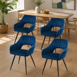 Set of 4 Navy Blue Velvet Dining Chairs with Armrests