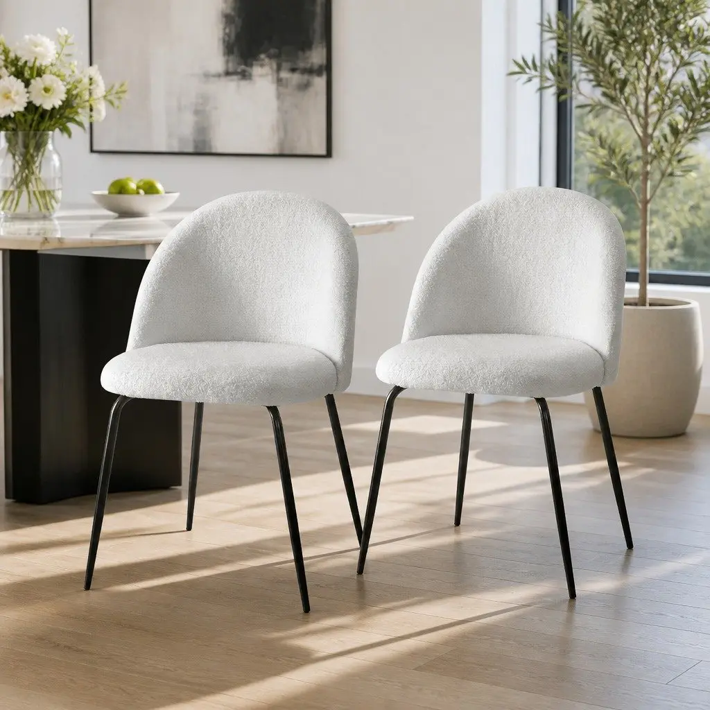 Set of 2 White Upholstered Dining Chairs with Winged Backrest
