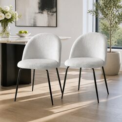 Set of 2 White Upholstered Dining Chairs with Winged Backrest