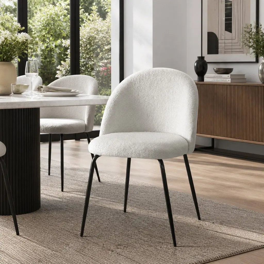 Set of 2 White Upholstered Dining Chairs with Winged Backrest