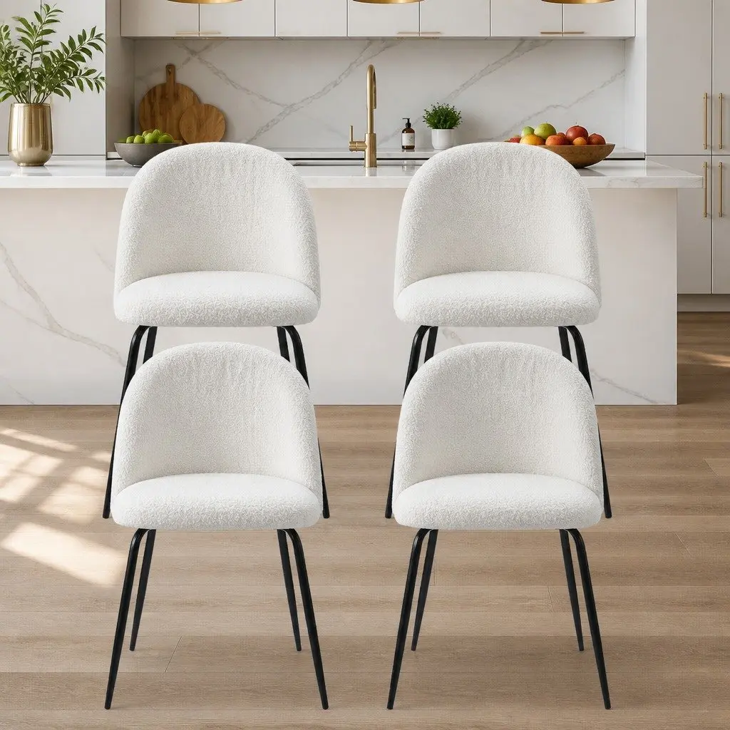 Set of 4 White Sherpa Boucle Dining Chairs
