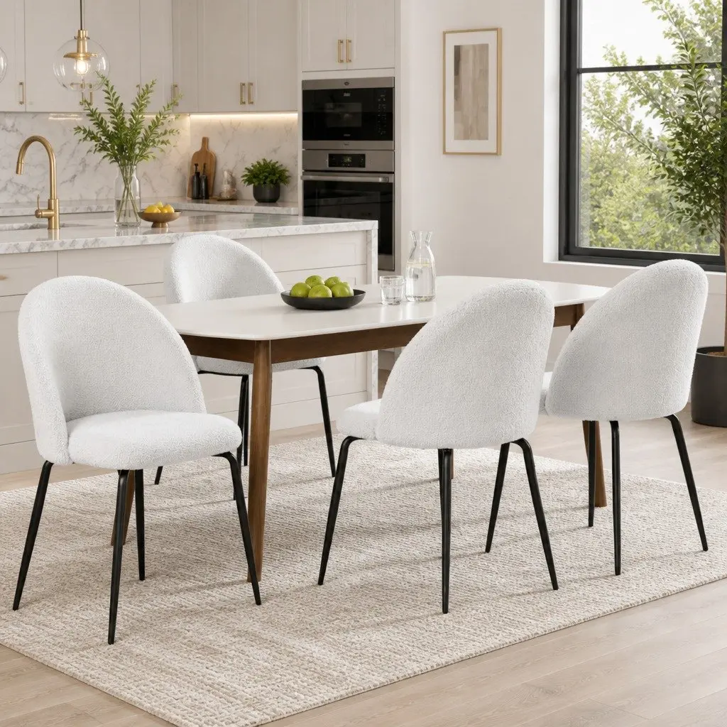 Set of 4 White Sherpa Boucle Dining Chairs