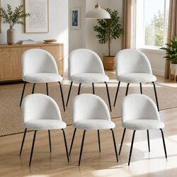 Set of 6 White Sherpa Boucle Dining Chairs with Winged Backrest
