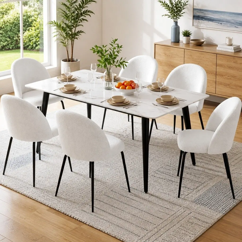Dining Chairs White Sherpa Boucle Winged Backrest 49cm x 49cm x 78cm Fabric