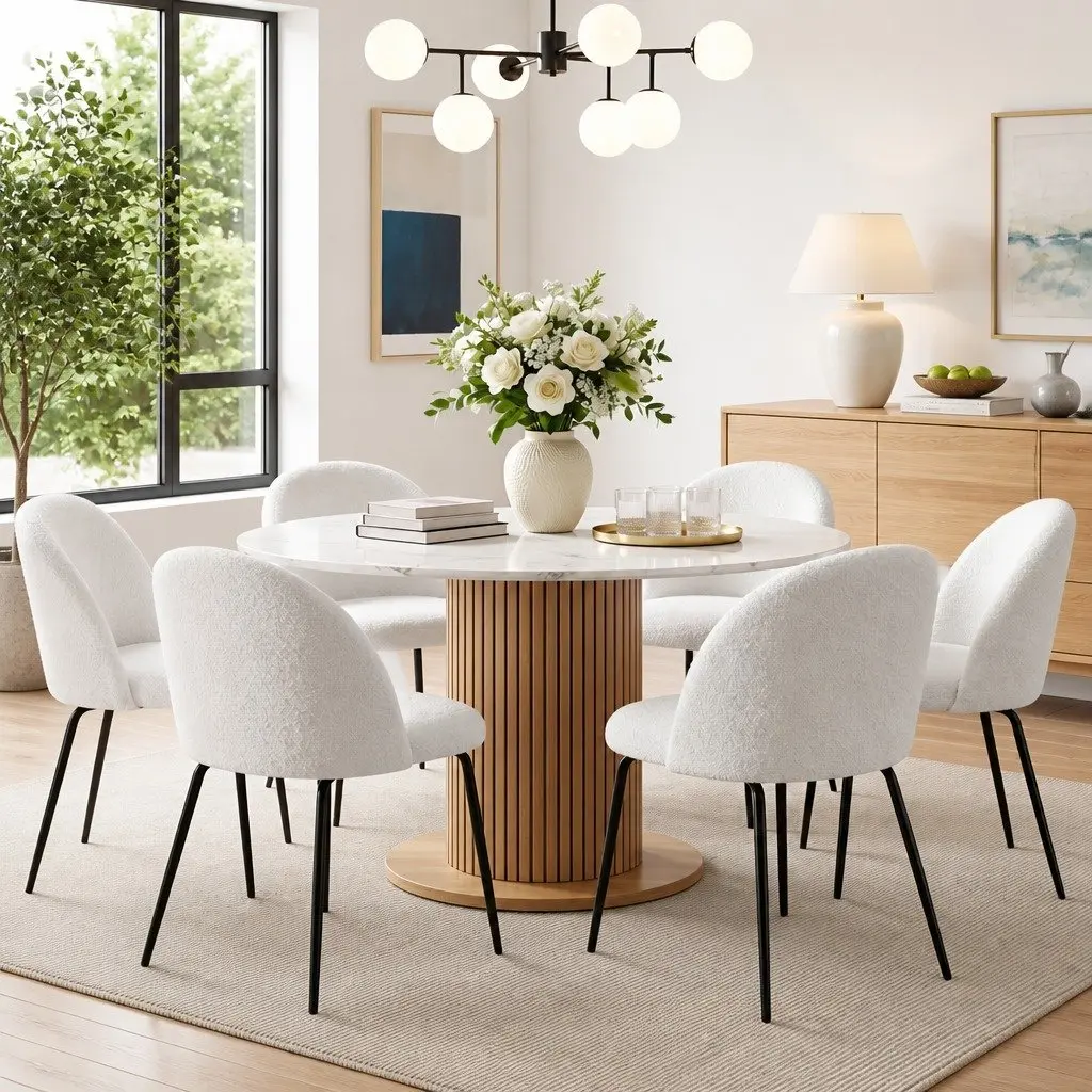 Dining Chairs White Sherpa Boucle Winged Backrest 49cm x 49cm x 78cm Fabric