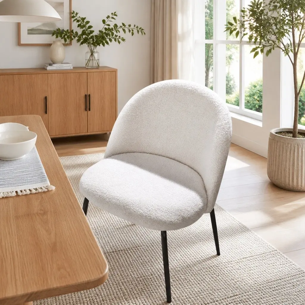 Dining Chairs White Sherpa Boucle Winged Backrest 49cm x 49cm x 78cm Fabric