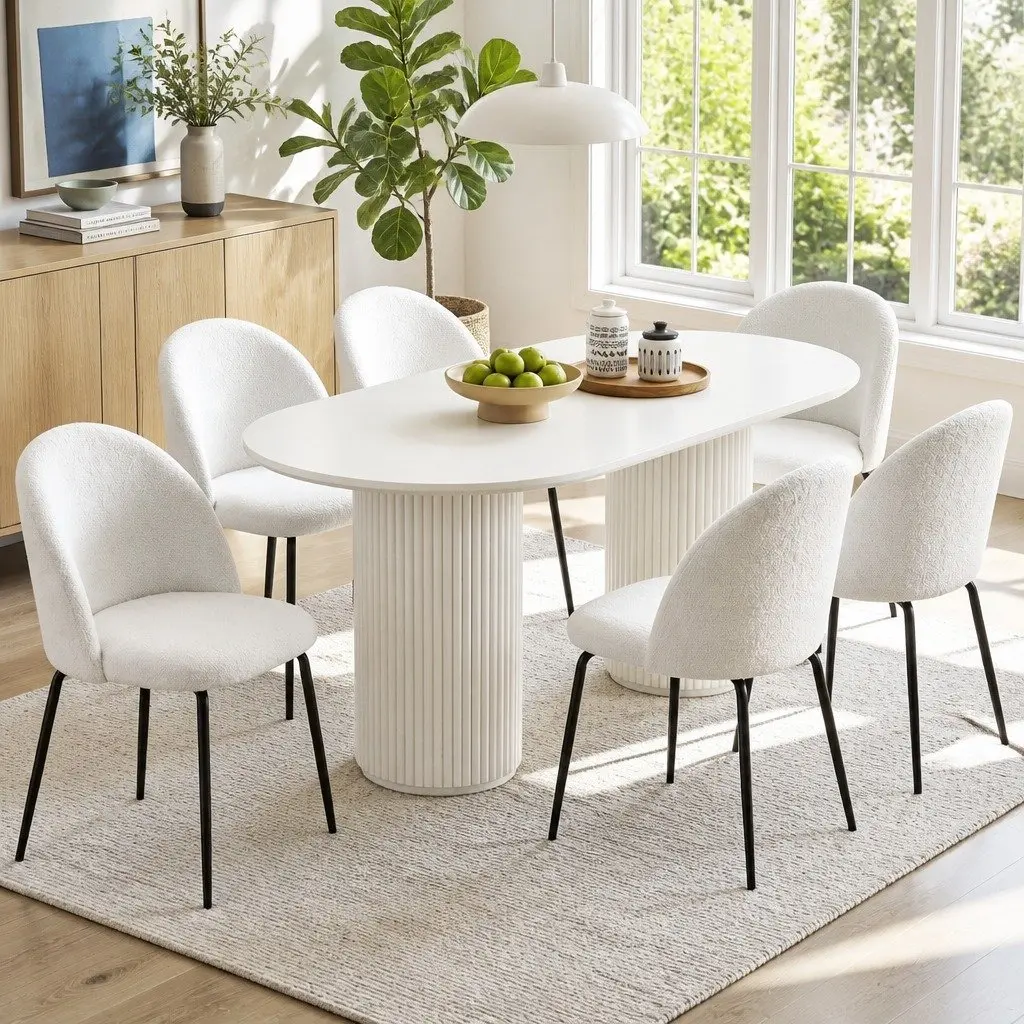 Dining Chairs White Sherpa Boucle Winged Backrest 49cm x 49cm x 78cm Fabric