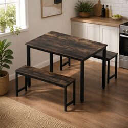 3-Piece Dark Walnut Dining Table and Bench Set