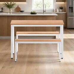 3-Piece Dining Table and Bench Set with Metal Legs