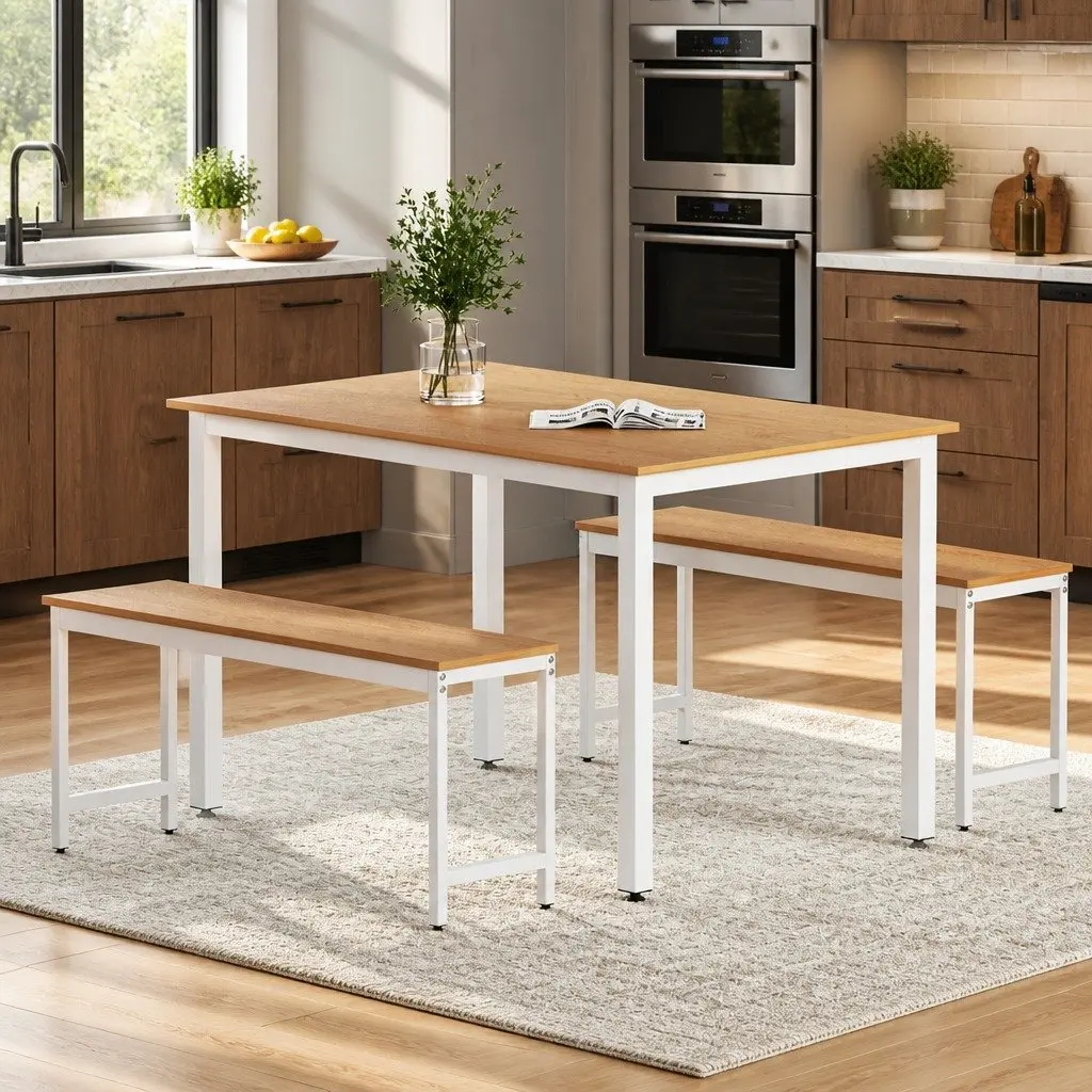 3-Piece Dining Table and Bench Set with Metal Legs
