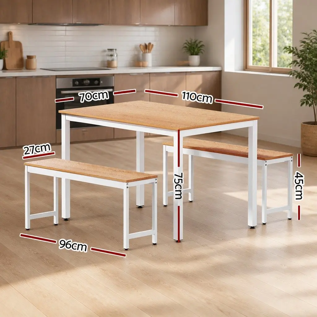 3-Piece Dining Table and Bench Set with Metal Legs